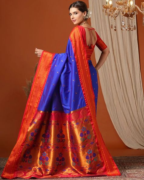 Embrace the essence of Marathi culture with our Royal Blue & Red Soft Silk Chandrakor Paithani Saree. 🌺✨ Featuring intricate checks and copper zari Chandrakor motifs, this exquisite saree captures the grace and heritage of traditional Paithani weaving. The rich peacock designs on the pallu add a timeless allure, making it a perfect choice for weddings, parties, and festive occasions. Celebrate every moment in the elegance of authentic artistry and craftsmanship. #PaithaniSaree #MarathiTrad... Chandrakor Paithani, Marathi Culture, Paithani Saree, Peacock Design, The Grace, Royal Blue, Checks, Essence, Weaving