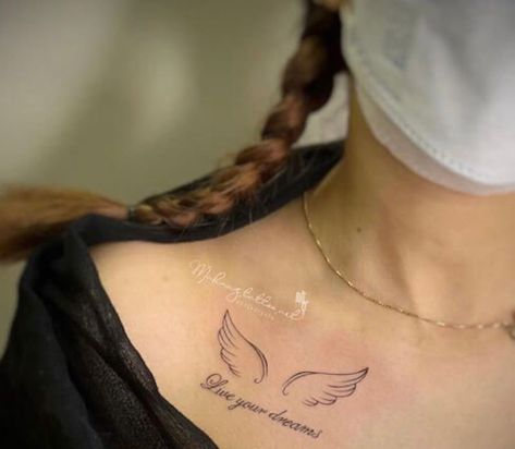 Angel Wings With Words Tattoo, Angel Wings Tattoo On Collar Bone, Angel Wing With Name Tattoo, Angel Wings Tattoo Meaning, Angel Wing Tattoo Shoulder Women, Angel Wing Collar Bone Tattoo, Angel Shoulder Tattoos For Women, Angel Wings Back Of Neck Tattoo, My Angels Tattoo