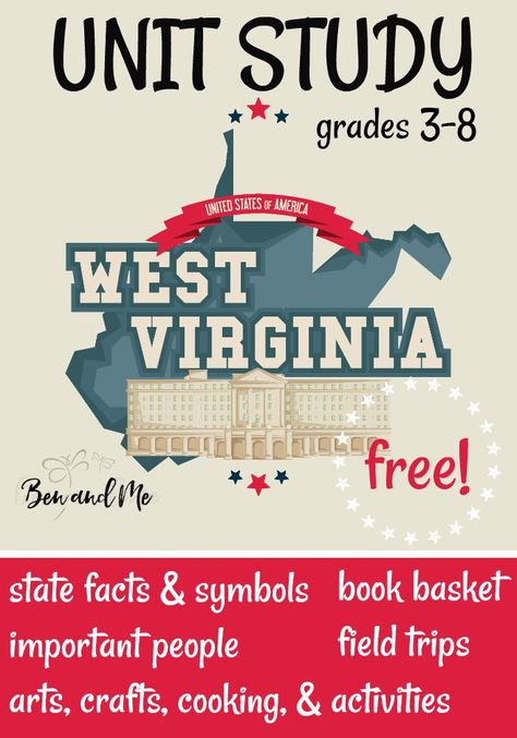 FREE West Virginia Unit Study for grades 3-8 -- learn about the "Mountain State" with books, arts and crafts, recipes, and more! #statestudies #unitstudies #homeschool #homeschooling #homeeducation #westvirginiaunitstudy Virginia Unit Study, Virginia Studies, West Virginia History, Book Baskets, Virginia State, Unit Studies, Homeschool History, History For Kids, Homeschool Ideas