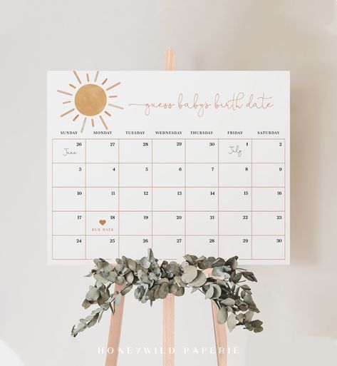 Neutral Boho Sun Baby Shower Guess Baby Due Date Earthy Baby - Etsy Australia Guess The Due Date Calendar, Baby Sprinkle Games, Sunshine Baby Shower Invitations, Baby Due Date Calendar, Due Date Calendar, Beach Baby Showers, Baby Due Date, Cowboy Baby Shower, Sunshine Baby Showers