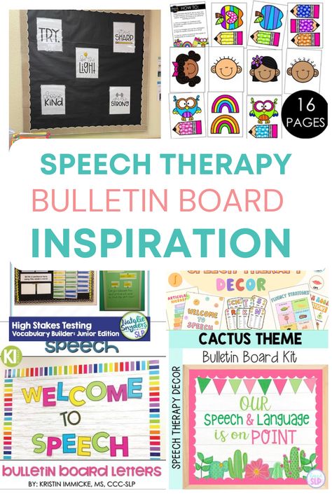 Fabulous bulletin board decorating ideas that are functional, easy to set up and eye-catching. Ideas for your speech therapy SLP bulletin board to get your year started off right. Inspiration for bulletin board overall ideas and materials for setting up. Speech Board Ideas, Interactive Speech Bulletin Boards, Speech Bulletin Boards Back To School, Speech Therapy Room Themes, Speech Therapy Decorations, Communication Bulletin Board Ideas, Speech And Language Bulletin Boards, Speech Room Bulletin Boards, Slp Room Ideas