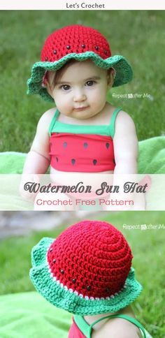 Kid 's Watermelon Sun Hat Crochet Free Pattern #freecrochetpatterns #hat Free Crochet Sun Hat, Crochet Baby Sun Hat Free Pattern, Watermelon Bucket Hat Crochet, Crochet Summer Hats Kids, Crochet Watermelon Hat, Crochet Baby Sun Hat, Sun Hat Crochet, Crochet Watermelon, Crochet Children