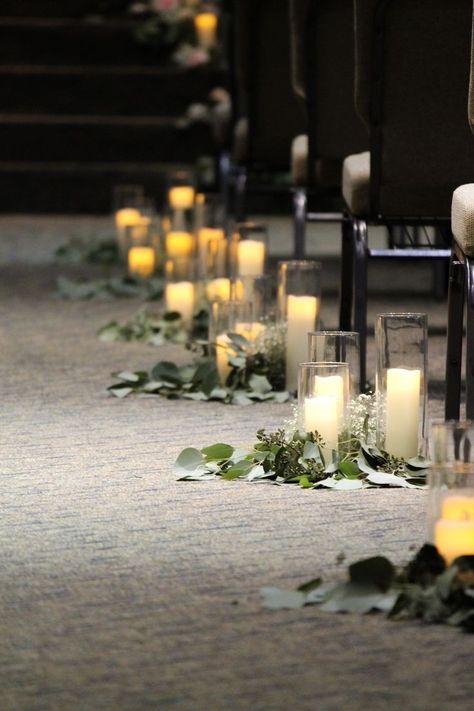 Wedding Aisle Runner With Candles, Candles And Greenery Aisle, Wedding Aisle Greenery And Candles, Sage Green And White Wedding Aisle, Flameless Candles Wedding Aisle, Wedding Aisle Eucalyptus, Eucalyptus Aisle Decor, Minimal Aisle Decor, Wedding Flameless Candles