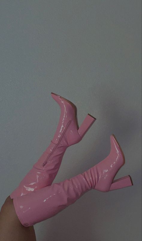 Go Go Boots Aesthetic, Pink Long Boots, Pink Boots Aesthetic, Gogo Boots Aesthetic, Trendy Pink Platform Heeled Boots, Pink Gogo Boots, Fitted Pink Platform Boots, Gogo Boots Outfit, Spring Pink Knee-high Platform Boots