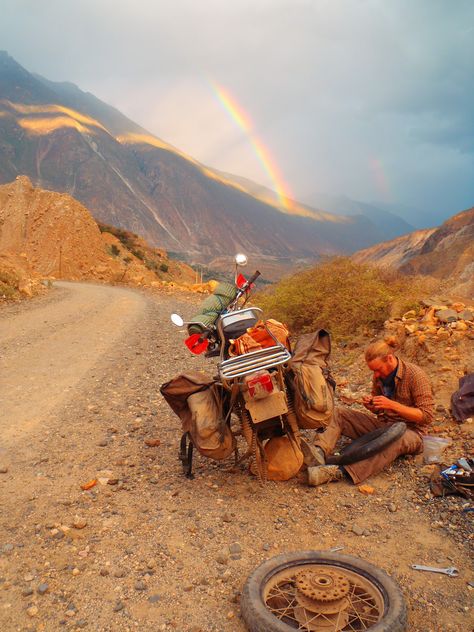 A little morning rainbow for y’all. Isn’t this a wonderful scene? Working on your bike, going wherever it can possibly take you. Getting out and going on a little nature adventure… Camping Illustration, Bike Trip, Motorcycle Camping, God's Promise, Motorcycle Travel, Adventure Motorcycling, Adventure Bike, Big Deal, Adventure Awaits