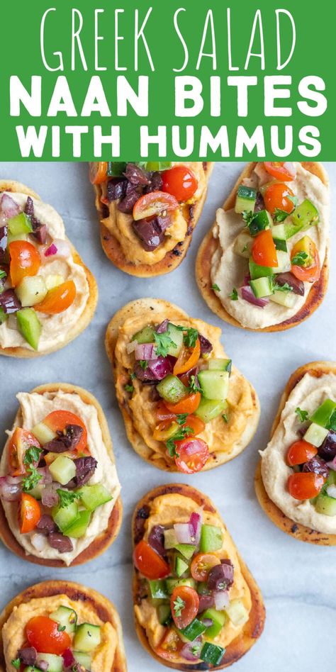 Greek Salad Naan Bites with Hummus are bursting with flavor, easy to make and fun to eat!  These veggie packed appetizers are perfect for an end of summer party, or pack a few in your lunchbox and enjoy for lunch or snacks throughout the day.  If you're looking for a healthy vegetarian finger food recipe, this is it! #appetizer #fingerfood #naanbites #greeksalad #vegetarian Mini Naan Appetizer Recipes, Vegan Party Food Appetizers, Naan Appetizer Recipes, Hors Devours Appetizers Vegetarian, Protein Packed Appetizers, Healthy Snacks For Work Party, Vegan Shower Food, Naan Bites Appetizers, Finger Foods Appetizer Recipes Vegetarian