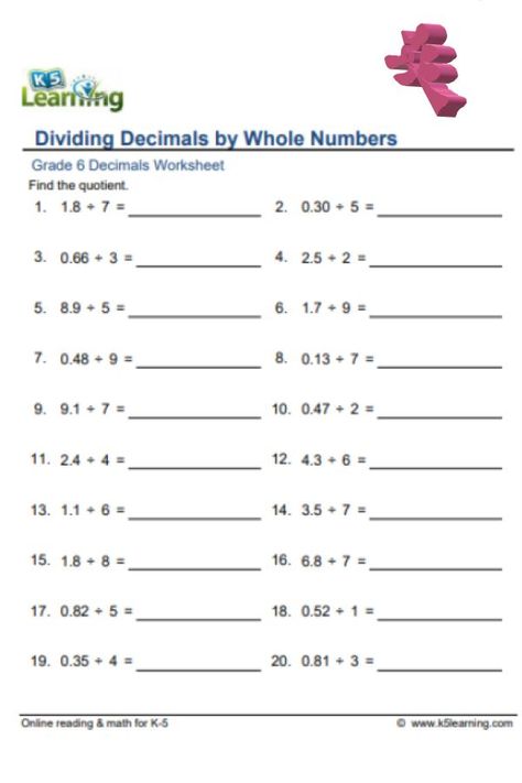 Decimal Division, Grade 6 Math Worksheets, Alphabet Practice Worksheets, Long Division Worksheets, Writing Linear Equations, Dividing Decimals, Decimals Worksheets, Grade 6 Math, Prepositional Phrases