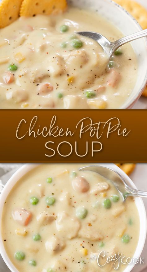 Chicken Pot Pie soup with a mix of vegetables. Easy Chicken Pot Pie Soup Recipe, Chicken Pot Pie Soup Recipe Easy, Easy Chicken Pot Pie Soup, Chicken Pot Pie Soup Recipe, Pot Pie Soup Recipe, Chicken Soup Recipes Homemade, Best Chicken Pot Pie, Cozy Cook, Chicken Pot Pie Soup