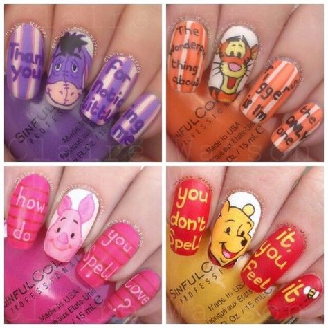 Adorable Disney Nail Art Tutorials.  #Beauty #Trusper #Tip Tigger Nails, Eeyore Nails, Eyeore Pooh, Nails Design Disney, Winnie The Pooh Nail Art, Pooh Nail Art, Pooh Nails, Winnie The Pooh Characters, Pooh Characters