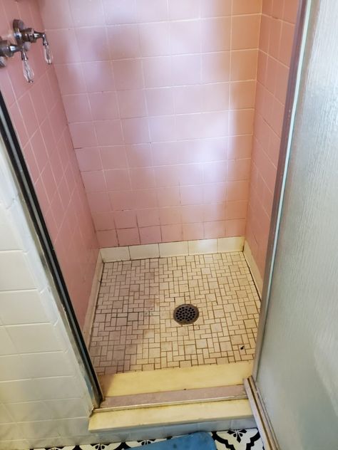 Painting Shower Tile (Should You Do It?) — Peony Street Diy Tile Update, Painted Bathroom Shower Tile, Painting Tile Shower Wall Before And After, Paint Shower Floor Tile, Painting Tile Backsplash Bathroom, Terrazzo Shower Tile, Painted Shower Tile Ideas, Painting Shower Tile Diy, Paint Shower Tile Black