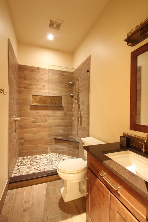 Rustic Spa - Rustic - Bathroom - Phoenix - by Reve Design & Custom Construction | Houzz Bathroom With Brown Tile, Rustic Shower Tile, Bathroom Brown Tile, Rustic Spa, Brown Tile Bathroom, Rustic Bathroom Ideas, Brown Tile, Rustic Shower, Solid Surface Countertops