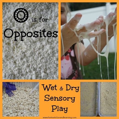 O is for Opposites: Wet and Dry Sensory Play from Fantastic Fun and Learning Opposites Preschool, Letter O Activities, Sensory Tubs, Preschool Science, Kids Sensory, Tot School, Sensory Bins, Sensory Activities, Sensory Play