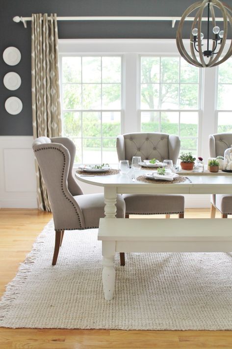 Summer Tour & Dining Room Reveal- Arhaus Dining Chairs featuring Rugs USA's Maui Chunky Loop Rug! Mcgee Exterior, Mcgee Pillows, Mcgee Bedroom, Navy Dining Chairs, Dining Room Navy, Styling 101, Coventry Gray, Nightstand Styling, Mcgee Home