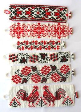 Six Ukrainian Ornament Bracelets Pattern Ukrainian Beadwork, Jewelry Looms, Flower Of Love, International Craft, Ukrainian Embroidery, Bohemian Pattern, Folk Embroidery, Bead Loom Patterns, Beaded Bracelet Patterns