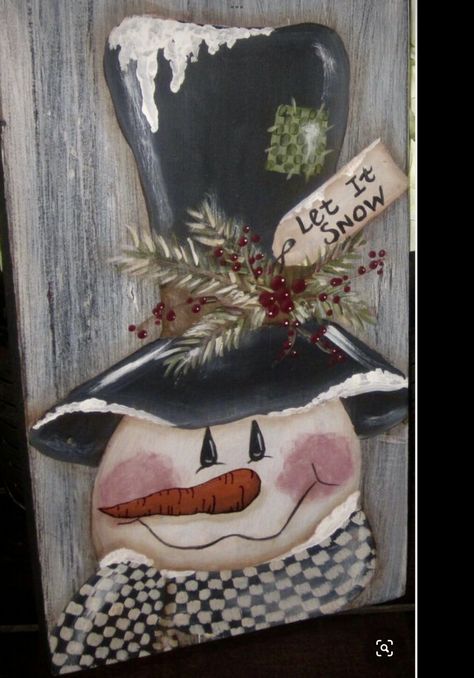 Primitive Snowmen Paintings, Snowmen Patterns To Paint, Primitive Christmas Paintings, Vintage Christmas Signs Wood, Painted Snowmen On Wood, Primitive Snowman Painting, Let It Snow Painting, Snowman Painting On Canvas, Painted Snowman On Wood