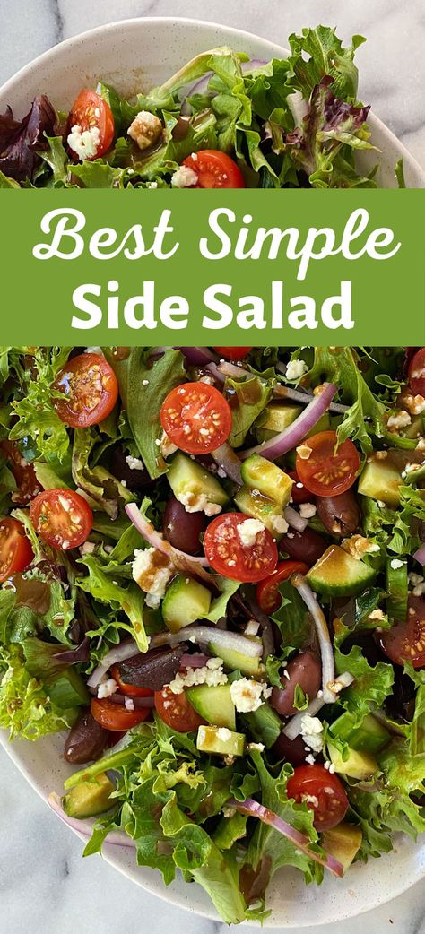 This is our go-to simple side salad! Easy to prep, great flavor, and pairs with everything! Plus, it has the BEST Easy Balsamic Vinaigrette that will become your go-to dressing too! Simple Side Salad, Balsamic Vinaigrette Salad, Vinaigrette Salad, Salad Easy, Balsamic Vinaigrette, Side Salad, Salad Dressing, Red Onion, Feta