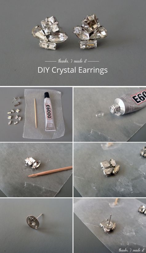 DIY Crystal Cluster Earrings  A tacky, strong glue, toothpick, wax paper, rhinestones in setting and earring backs are the materials that you need to make earrings like this: Earring Making Tutorials, Crystal Cluster Earrings, Diy Jewlery, Chic Earrings, Diy Crystals, Jewelry Making Tutorials, Diy Schmuck, Cluster Earrings, Bijoux Diy