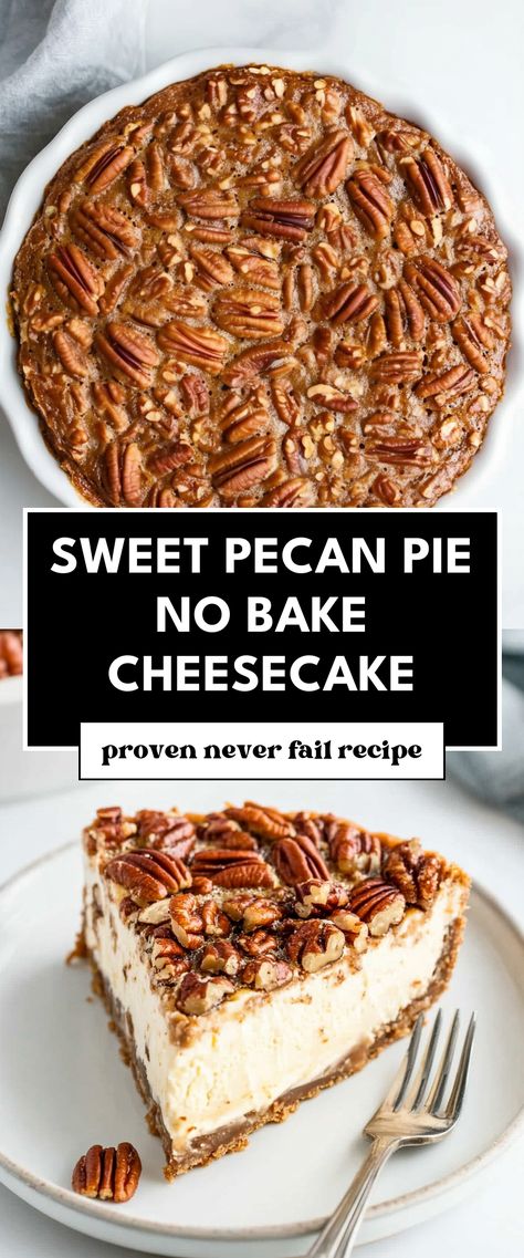 Image for Sweet Pecan Pie No Bake Cheesecake No Bake Thanksgiving Cheesecake, Quick And Easy Pecan Pie, Easy Pecan Cheesecake Recipes, No Bake Cheesecake Thanksgiving, Pecan Pie Cheesecake Recipe No Bake, Pecan Desserts Easy Thanksgiving, Pecan Cheesecake Pie Recipe, Pecan Pie Cheesecake Recipe Easy, Pecan Cheesecake No Bake