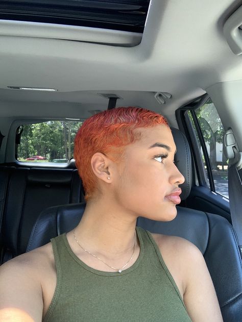 Orange Buzzcut, Red Buzzcut, Orange Short Hair, Orange Pixie Cut, Short Hair Dye Colors For Black Women, Short Ginger Hair Black Women, Dark Red Short Hair, Ginger Finger Waves, Ginger Short Hair Black Women