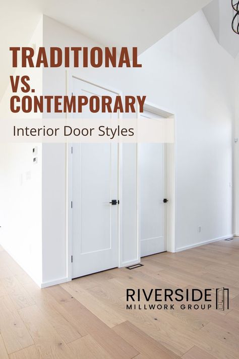 Interior doors white with black hardware Transitional Home Interior Doors, 2 Doors Next To Each Other, Modern Traditional Door Trim, Transitional Trim Ideas, Trim Styles Interior Modern, Transitional Door Trim, Interior Door Trends 2023, Transitional Interior Door Styles, Transitional Style Interior Doors