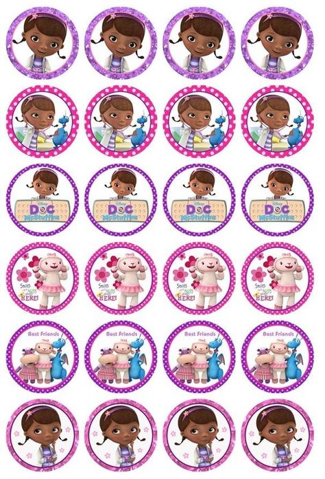 Doc Mcstuffins Cupcakes, Doc Mcstuffins Cake, Doc Mcstuffins Birthday Party, Doc Mcstuffin, Doc Mcstuffins Party, Doc Mcstuffins Birthday, Edible Cupcake Toppers, Bottle Cap Crafts, Birthday Crafts