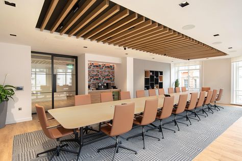 Boardroom design with feature timber ceiling insert and Maharam fabric wrapped panels. Corporate Boardroom Design, Commercial Ceiling Design Offices, Boardroom Design Corporate, Feature Ceiling Design, Ceiling Design Office, Boardroom Ideas, Boardroom Design, Board Room Design, Office Ceiling Design