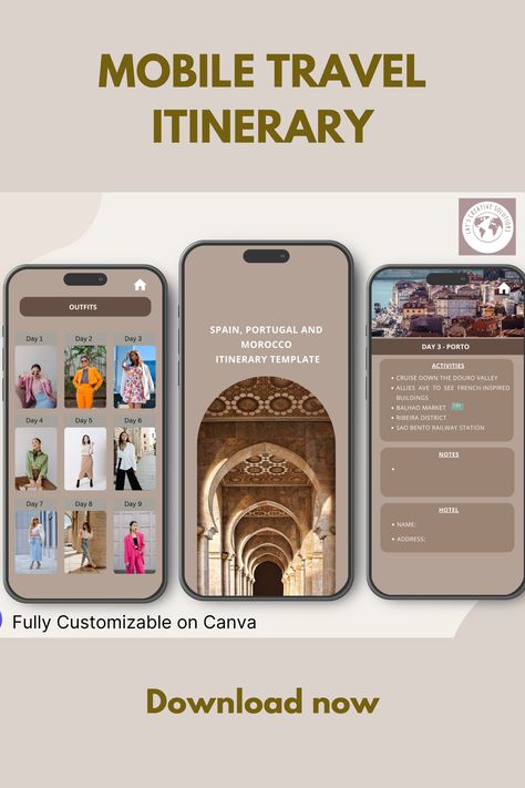 Digital Travel Planner. Want to keep your trip information organized and easily accessible on your phones? This editable digital travel itinerary template is the perfect solution for you. Use this to you stay on top of your travel plans, save time, and make the most of your trip. Our Etsy shop has many different editable travel itinerary, outfit planner and travel accessories. Click on the picture to shop our Etsy shop! Morocco Spain Portugal travel itinerary, travel planner, traveling Morocco. Morocco Trip, Travel Itinerary Planner, Morocco Itinerary, Travel Document Organizer, Outfit Planner, Itinerary Planner, Mobile Template, Spain Portugal, Itinerary Template