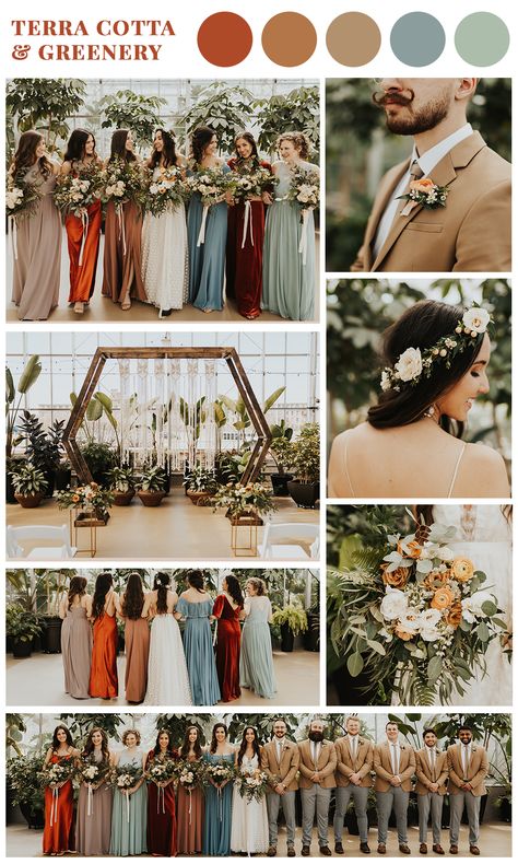 Need some color scheme inspiration for your bohemian wedding? My bridal party dresses were silk rust, sage green, dusty blue, and velvet! These tan suits and boho vibes are everything. Check out this blog post for more photos of my wedding! Photos by Inna Kova Photography Dusty Blue And Rust Bridesmaid Dresses, Wedding Colors Rust And Sage, Dusty Rust Wedding Theme, Rustic Boho Wedding Sage Green, Dusty Blue Sage Green Terracotta, Sage Green Dusty Blue Bridesmaid Dresses, Rust Blue Green Color Scheme, Dusty Blue Sage Green Rust Wedding, Sage And Rust Bridesmaid Dresses