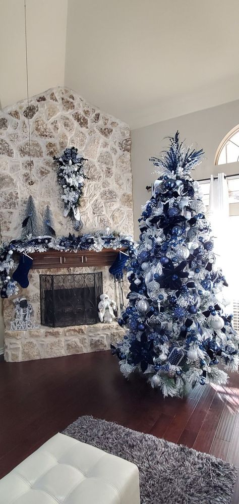 Navy Blue Silver And White Christmas Tree, Navy Blue And Silver Christmas Decor, Royal Blue And Silver Christmas Decor, Royal Blue And Silver Christmas Tree, Midnight Blue Christmas Tree, Christmas Tree Ideas Navy Blue, Navy And White Christmas Tree, Navy Blue And Silver Christmas Tree, Blue And Gold Christmas Tree Ideas