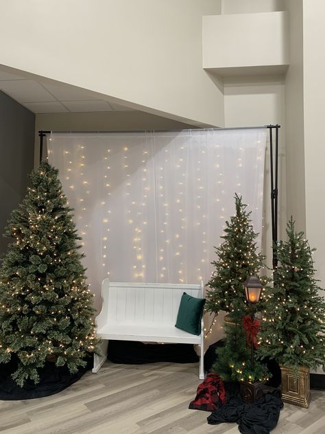 Christmas Photo Set Up Indoor Diy, Christmas Party Decorations Backdrop, Christmas Dinner Backdrop, Black Backdrop Christmas Photos, Holiday Picture Backdrop Ideas, Christmas Backdrop For Santa Pictures, Diy Christmas Photo Booth Backdrop, Elegant Christmas Photo Backdrop, Pallet Christmas Backdrop