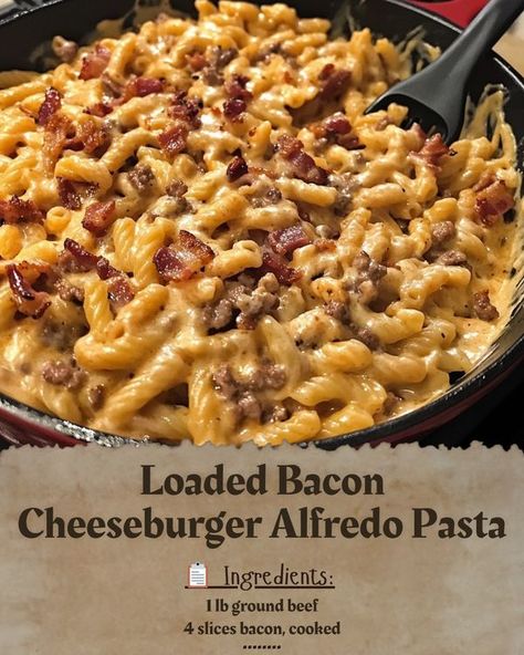 Loaded Bacon Cheeseburger Alfredo Pasta, Cheeseburger Pasta Casserole, Cheeseburger Pasta, Quick Soup Recipes, Gordon Ramsay Recipe, Pasta Ingredients, Alfredo Pasta, Bacon Cheeseburger, Beef Casserole Recipes