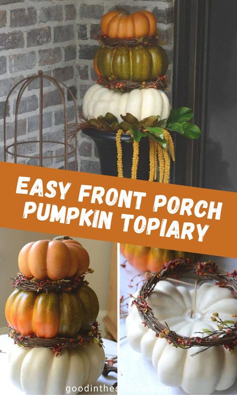 DIY stacked pumpkin topiary for fall front porch décor. Topiary Fall Decor, Pumpkin Topiaries Front Porches, Plastic Pumpkin Stack Front Porches, How To Make Stacked Pumpkin Topiary, Stacked Plastic Pumkin Decoration Ideas, Diy Fall Topiary Front Porch, Stacked Pumpkin Topiary Diy, Fall Stacked Pumpkins Diy, Stack Pumpkins Porch