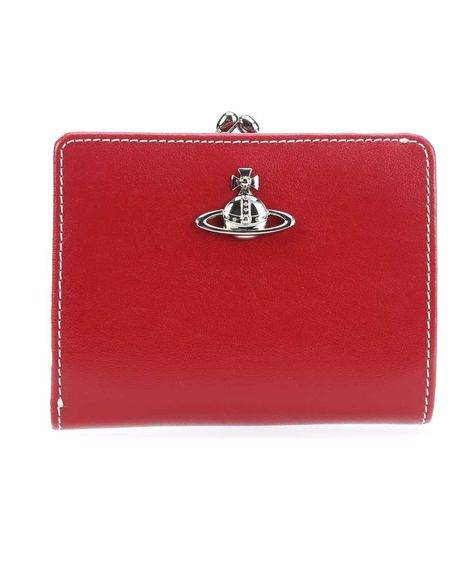 VIVIENNE WESTWOOD | Matilda Wallet Softly Grained Red Calfskin | £179.00 | Closes with push-button, closes with snap lock. Silver-colored metal. Logo emblem on the frontside. Inside: Structured Lining Nylon. Compartment for banknotes and receipts, change compartment. Three inside pockets. 8 credit card slots... | wardow.com Backpacks Accessories, Leather Billfold, Snap Lock, Logo Emblem, Short Wallet, Metal Logo, Emblem Logo, Luxury Brands, Push Button