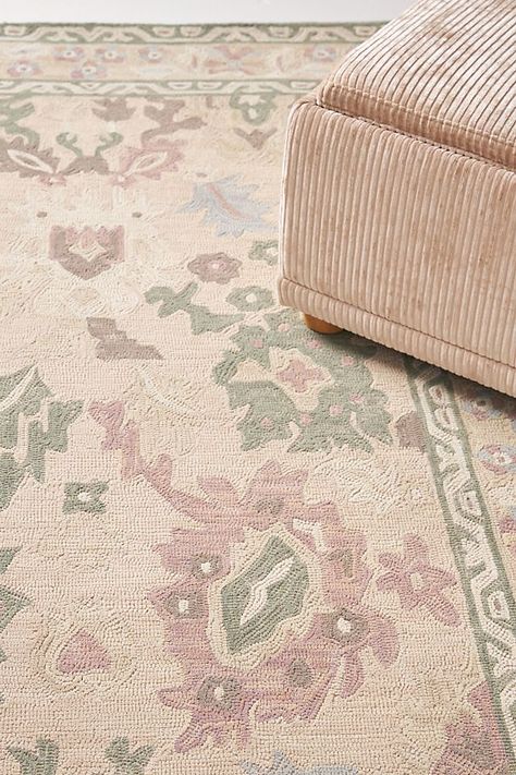 Earth Toned Rug, Cream Plush Rug, Cottage Core Bedroom Rug, Rug Under Coffee Table Only, Closet Rug Ideas, Living Room With Colorful Rug, Vintage Rugs In Living Room, Rug Size Guide Bedroom, Layering Rugs Living Room