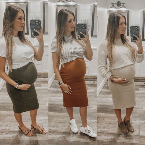 Skirt And Tshirt Maternity Outfit, Maternity Clothes Work Business Casual, Maternity Outfits Going Out Night, Cute Work Maternity Outfits, Maternity Outfits 2023 Summer, Maternity Dressy Casual Outfits, Maternity Travel Outfit Summer, Bump Skirt Outfits, Maternity Bodycon Dress Outfits Winter