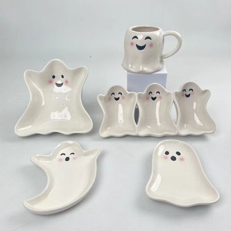 Halloween Scary Ghost Ceramic tray， mug. We offer different items for your wholesale and retail business. Get us at info@shihm.com for more details. Ceramic Ghost Diy, Ghost Pottery, Pottery Ghost, Ceramic Ghost Pottery, Ceramic Ghost Tea Light, Ghost Ceramic, Ceramic Ghost, Halloween Tea Party, Scary Ghost