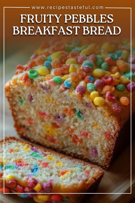 This Fruity Pebbles Breakfast Bread is a fun and colorful way to start your day! Combining the classic taste of a moist loaf with the sweet crunch of Fruity Pebbles cereal, this recipe brings a nostalgic twist to breakfast or snack time. It's perfect for kids and adults alike, making mornings a little brighter! Fruity Pebbles Breakfast, Fruity Pepples, Fruit Bread Recipes, Rainbow Bread, Breakfast Loaf, Fruity Pebbles Cereal, Pebbles Cereal, Breakfast Bread, Fruit Bread