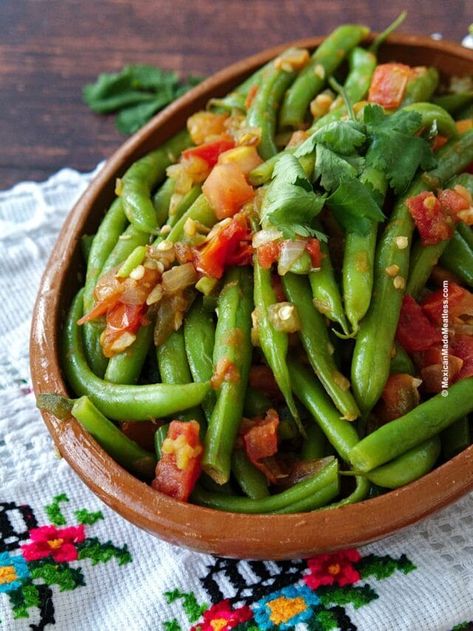 Ejotes | Mexican Green Beans | Mexican Made Meatless™ Mexican Beans Vegetarian, Beans Mexican Style, Mexican Green Beans Recipe, Tex Mex Green Beans, Mexican Jumping Beans, Mexican Green Beans, Mexican Restaurant Beans, Canned Green Bean Recipes, Mexican Beans Recipe