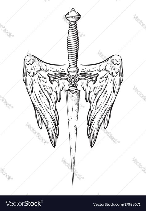 Ritual dagger with angel wings isolated on white Vector Image Knife With Wings Tattoo, Dagger Tattoo For Men, Black Work Flash, Angel Blade Tattoo, Wings And Swords Tattoo, Angel With Spear Tattoo, Dager Tattoos Sternum, Dagger Sketch, Dager Tattoos