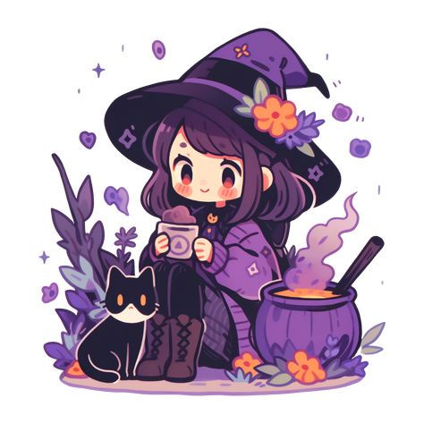 Cute Kawaii Halloween Purple Pastel Witch with a Cauldron and Her Cat Sticker 2 Witches Art, Cat Drawing Sticker, Witch With Cat Art, Chibi Halloween Art, Kawaii Witch Aesthetic, Purple Character Art, Witch Cat Drawing, Cute Anime Witch, Pastel Witch Aesthetic