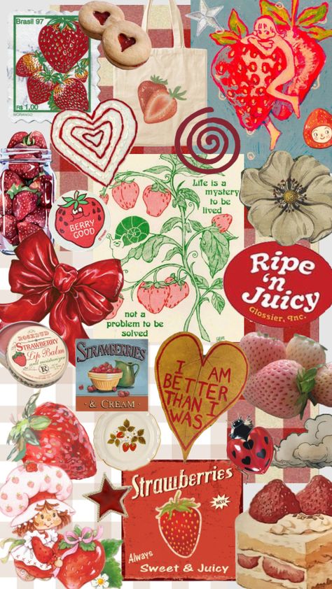 #strawberry #strawberryaesthetic #srawberryshortcake #redandwhite #redaesthetic #strawberries #collage #wallpaper #background Strawberry Aesthetic, Quote Collage, Strawberry Lip Balm, Collage Wallpaper, Wallpaper Collage, Moisturizing Lip Balm, Locked Wallpaper, Feminine Tattoos, Aesthetic Collage