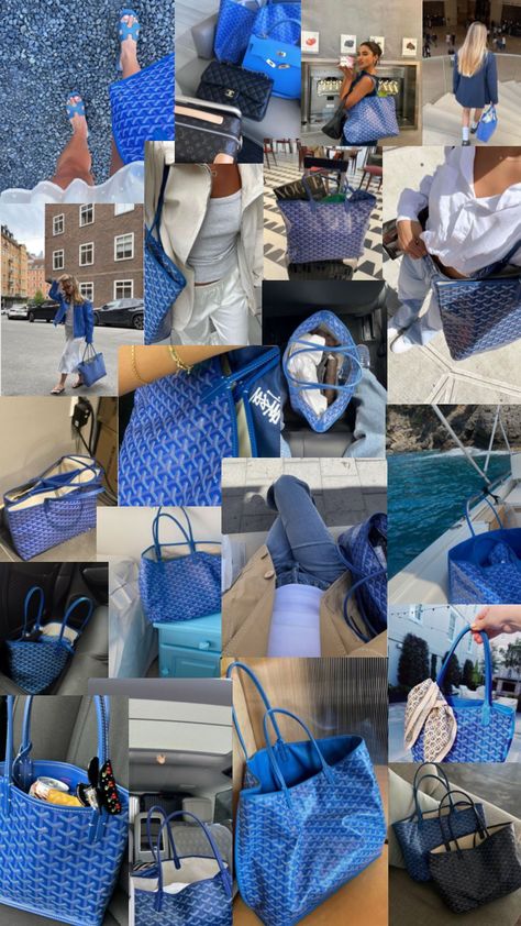 Blue Tote Bag Outfit, Blue Goyard Bag, Goyard Tote Outfit, Goyard Tote Bag, Crossbody Bag Outfit, Uni Bag, Goyard Tote, My Style Bags, College Fits