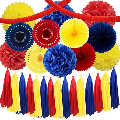 Blue Yellow Party, Circus Birthday Party Decorations, Yellow Party Decorations, Paw Party, Paper Fan Decorations, Paper Pom Pom, Tissue Flowers, Tissue Pom Poms, Yellow Party