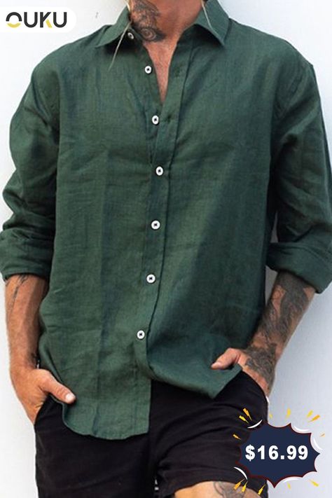 Mens Shirt Color, Button Shirts Men, Mens Printed Shirts, Green Long Sleeve Shirt, Long Sleeve Tops Casual, Cool Outfits For Men, Tops Casual, Clothing Apparel, Mens Fashion Casual