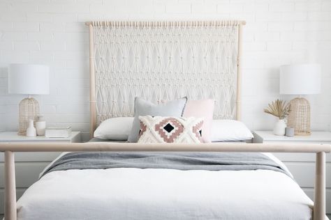 Bohemian Bedroom Colors, Macrame Bed, Boho Headboard, Interiors Photography, Macrame Headboard, Bedroom Styling, White Bed Frame, Boho Style Bedroom, Bohemian Bedroom Decor