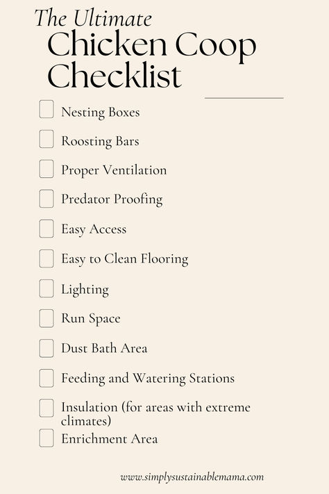 A comprehensive infographic titled 'The Ultimate Chicken Coop Checklist' illustrates the essential components of a functional and comfortable chicken coop. Elements include nesting boxes, roosting bars, proper ventilation, predator-proofing measures, easy access, easy-to-clean flooring, lighting, adequate run space, a dust bath area, feeding and watering stations, insulation for extreme climates, and an enrichment area to ensure a healthy and thriving environment for backyard chickens. Chicken 101 Raising, How Often To Clean Chicken Coop, Best Dual Purpose Chickens, Chickens As Pets, Safe Chicken Coop Ideas, Self Sufficient Chicken Coop, Chicken Coop Care, Farm Chickens Ideas, Chickens In Small Backyard