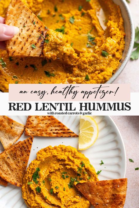 roasted carrot red lentil hummus recipe pin Red Lentil Hummus Recipe, Carrot Hummus Recipe, Lentil Hummus Recipe, Red Lentil Hummus, Roasted Carrot Hummus, Lentil Dip, Carrot Hummus, Lentil Hummus, Lentils Recipe