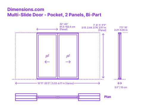 A multi-slide pocket door with a bi-part design and 2 panels is a sliding door system that features two individual panels that slide horizontally along a track system and disappear into a pocket within the wall. When fully opened, each panel slides seamlessly into the wall pocket, creating two openings that provide a smooth and uninterrupted transition between indoor and outdoor spaces. Downloads online #doors #slidingdoor #patio #construction #buildings Sliding Door Dimensions, Sliding Door Dimension, Sliding Door Drawing, Sliding Door Plan, Seacliff House, External Sliding Doors, Plan Floor, Case Study Design, Door Plan