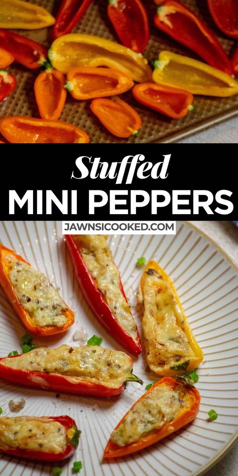 Roasted Stuffed Mini Peppers, Roasted Mini Peppers Recipes, Small Stuffed Peppers Appetizers, Baked Stuffed Mini Peppers, Red Pepper Appetizers, Small Peppers Appetizers, Air Fryer Stuffed Mini Peppers, Stuffed Mini Peppers With Ground Beef, Stuffed Small Sweet Peppers