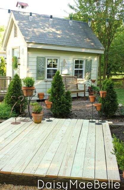 Easy, Affordable {DIY Deck} made from {Concrete Blocks & Railroad Ties} Easy Deck, Railroad Ties, Floating Deck, Wooden Deck, Deck Projects, Backyard Shed, Diy Deck, Landscaping Company, Garden Tours